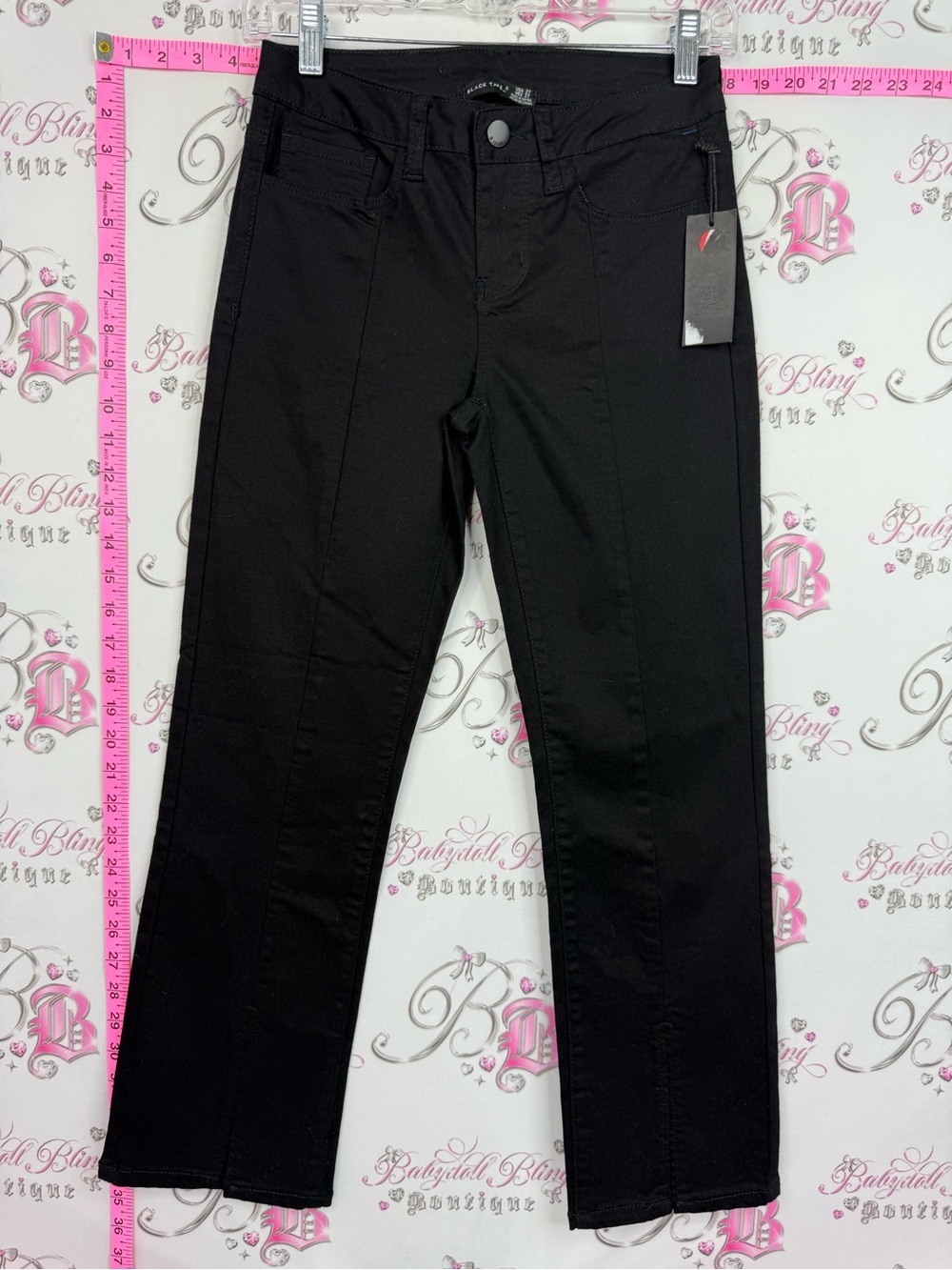 Black Tape_ Black Straight-Leg Pants with Red Tag Accent